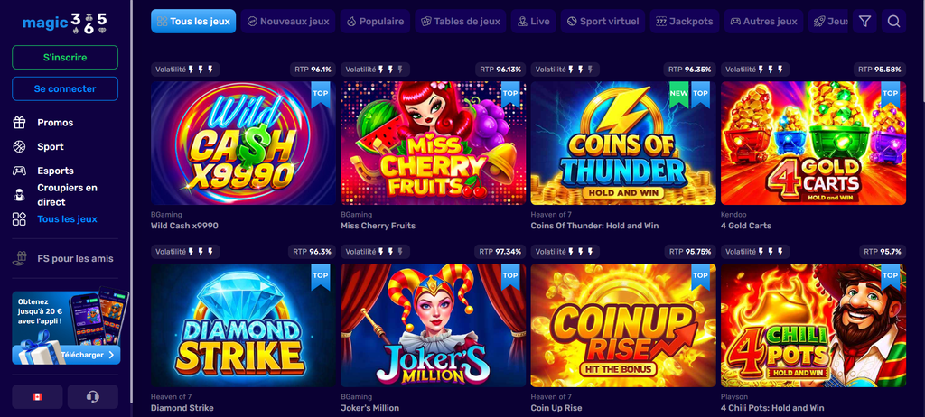 The payout ceiling at Magic365, as published on its no deposit bonus page